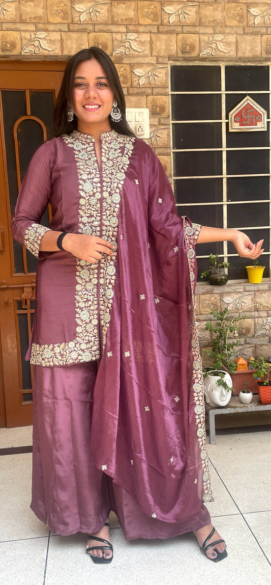 Mauve Silk Embroidered Kurta & Palazzo Ensemble