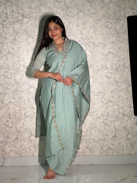 Mint Green Embellished Silk Suit Set