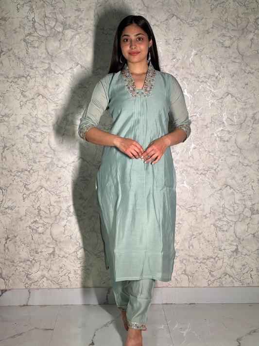 Mint Green Embellished Silk Suit Set