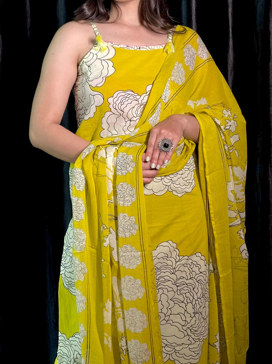 Mustard Floral Block‑Print Camisole Kurta Set