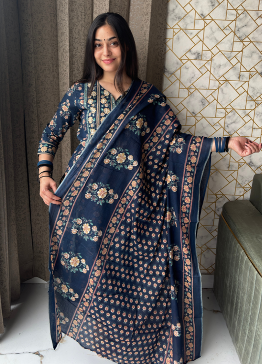 Navy Blue Floral Printed Anarkali Kurta with Matching Dupatta | Anziva Fashion