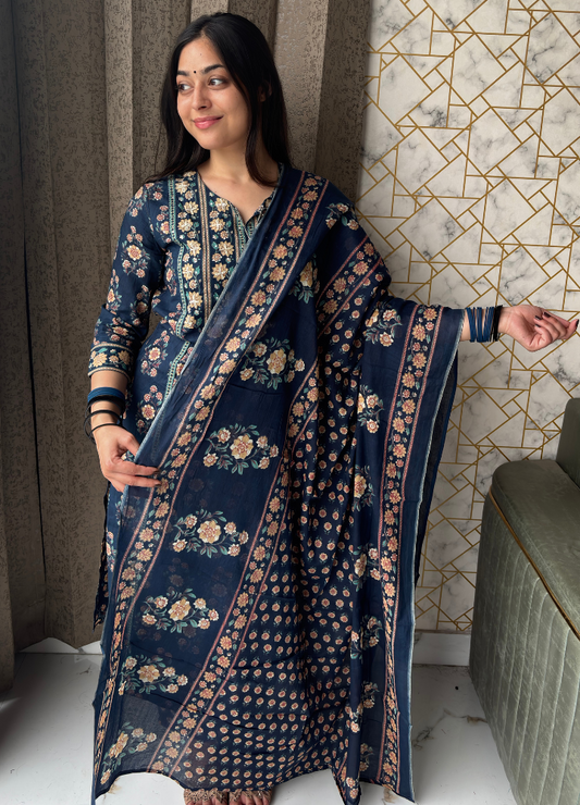 Navy Blue Floral Printed Anarkali Kurta with Matching Dupatta | Anziva Fashion
