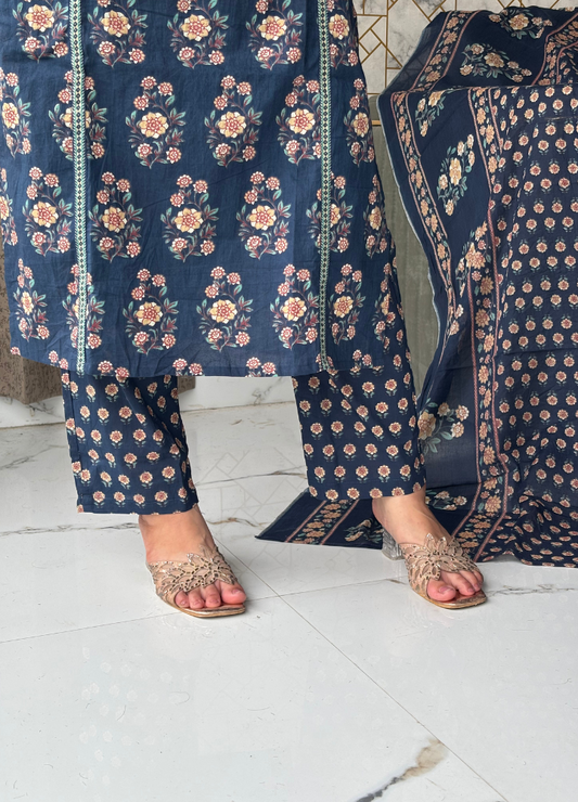Navy Blue Floral Printed Anarkali Kurta with Matching Dupatta | Anziva Fashion