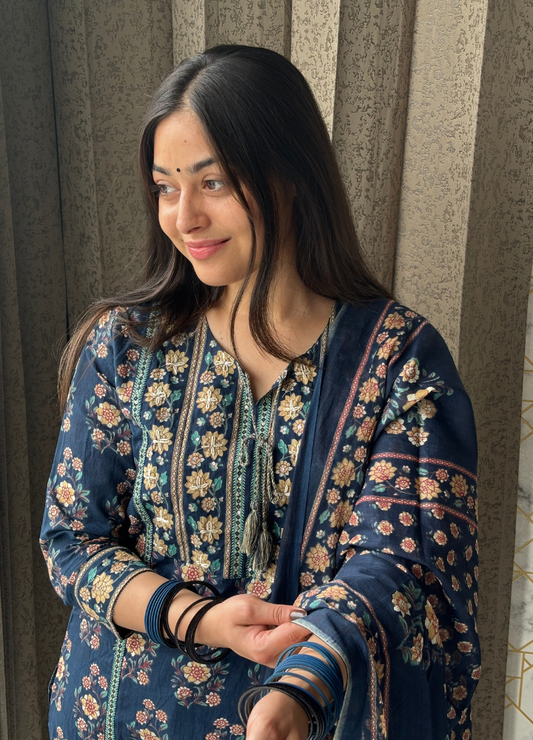 Navy Blue Floral Printed Anarkali Kurta with Matching Dupatta | Anziva Fashion