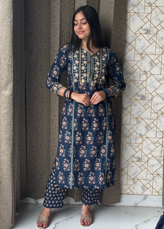 Navy Blue Floral Printed Anarkali Kurta with Matching Dupatta | Anziva Fashion