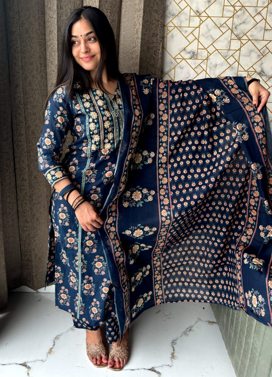 Navy Blue Floral Printed Anarkali Kurta with Matching Dupatta | Anziva Fashion
