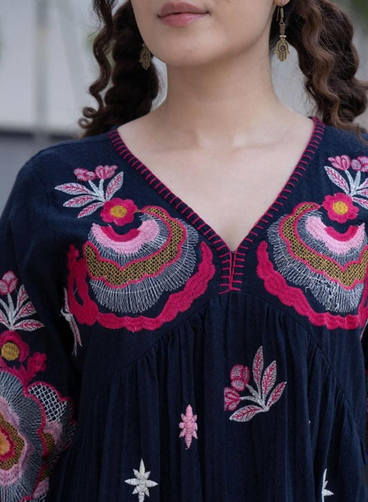 Navy Boho Embroidered Babydoll Tunic Dress