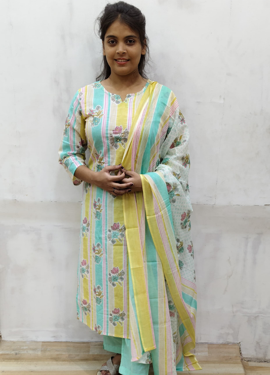 Pastel Floral & Stripe Cotton Kurta Set with Dupatta