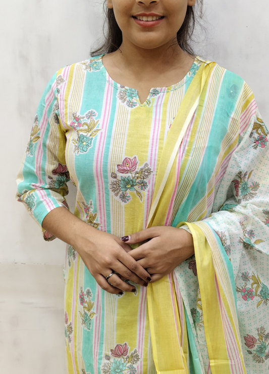 Pastel Floral & Stripe Cotton Kurta Set with Dupatta