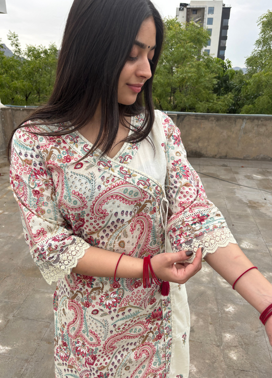 Pastel Paisley Print Wrap Kurta Set with Cream Palazzo & Dupatta | Anziva Fashion