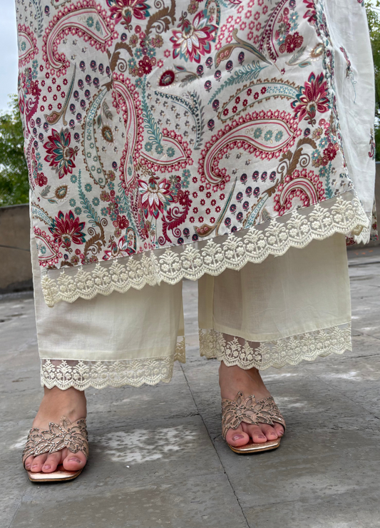 Pastel Paisley Print Wrap Kurta Set with Cream Palazzo & Dupatta | Anziva Fashion