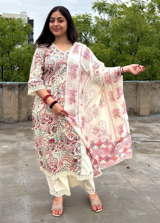 Pastel Paisley Print Wrap Kurta Set with Cream Palazzo & Dupatta | Anziva Fashion