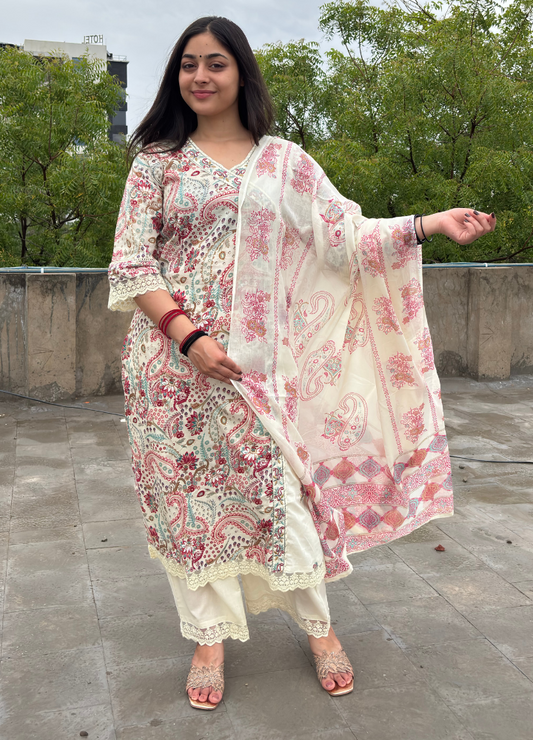 Pastel Paisley Print Wrap Kurta Set with Cream Palazzo & Dupatta | Anziva Fashion