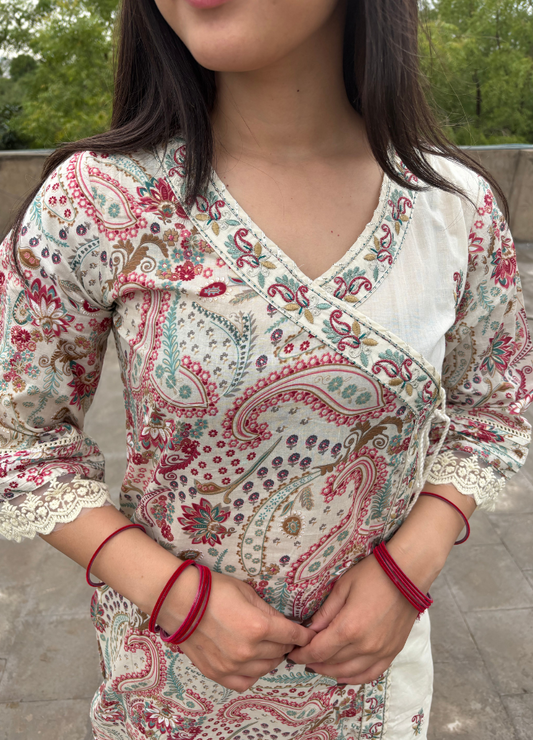 Pastel Paisley Print Wrap Kurta Set with Cream Palazzo & Dupatta | Anziva Fashion