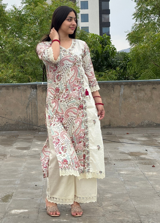 Pastel Paisley Print Wrap Kurta Set with Cream Palazzo & Dupatta | Anziva Fashion