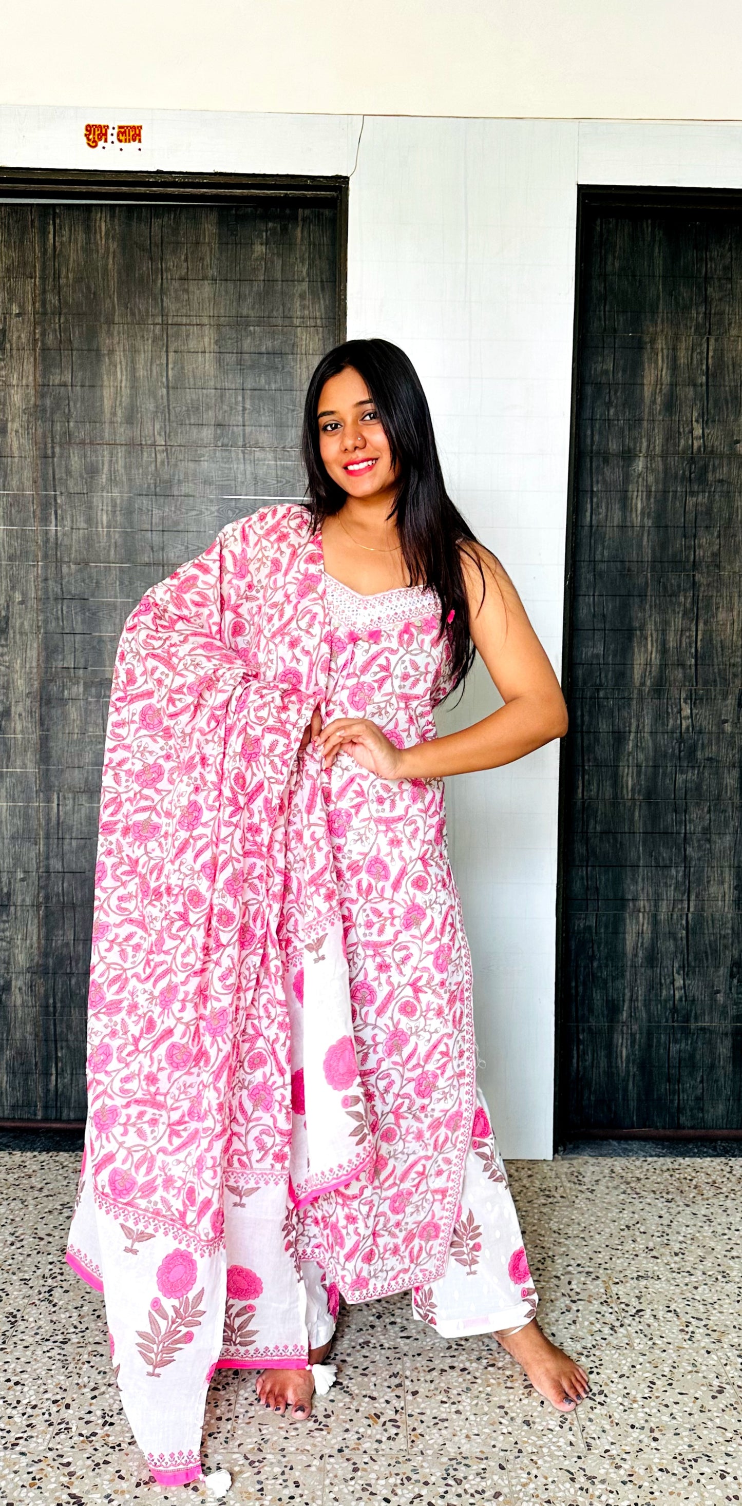Pink & White Floral Tassel Kurta Set