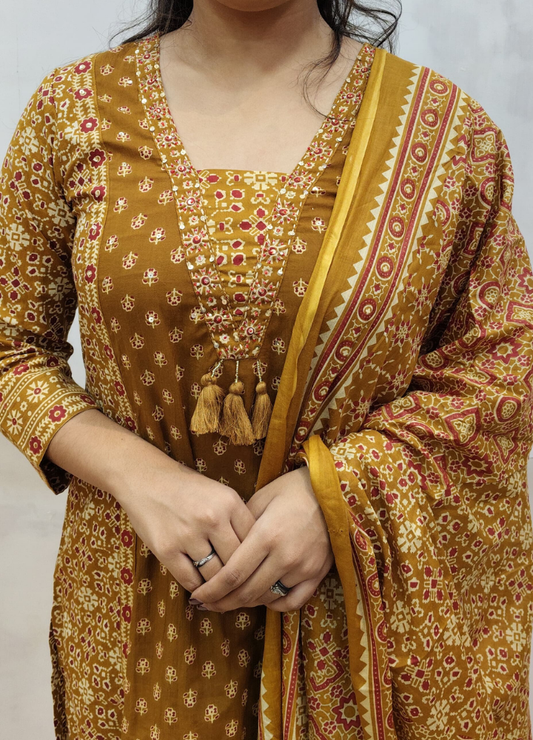 Rust Yellow Ajrakh Inspired Cotton Suit Set