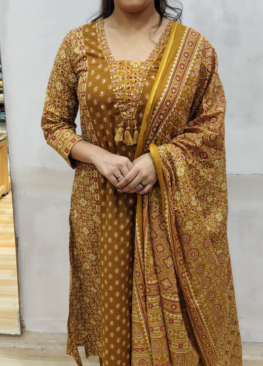 Rust Yellow Ajrakh Inspired Cotton Suit Set