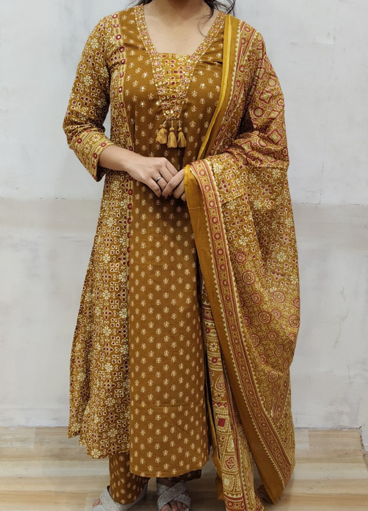 Rust Yellow Ajrakh Inspired Cotton Suit Set