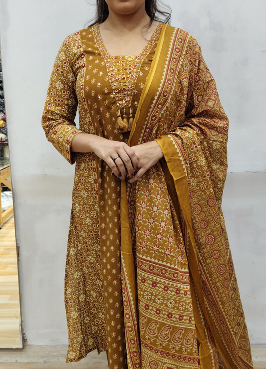 Rust Yellow Ajrakh Inspired Cotton Suit Set