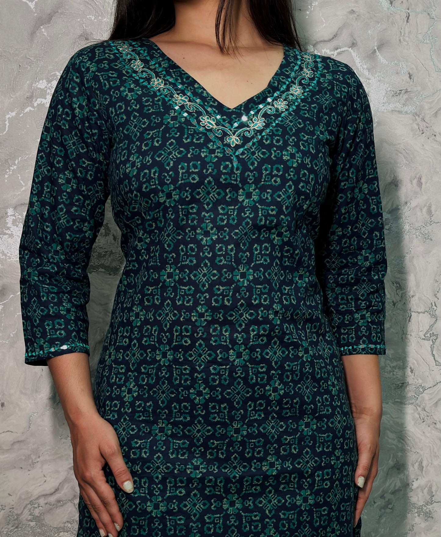 Teal & Navy Elephant Motif Palazzo Suit