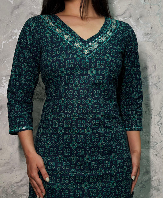 Teal & Navy Elephant Motif Palazzo Suit