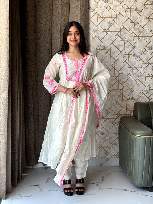 Off-White and Pink Embroidered Kurta Set