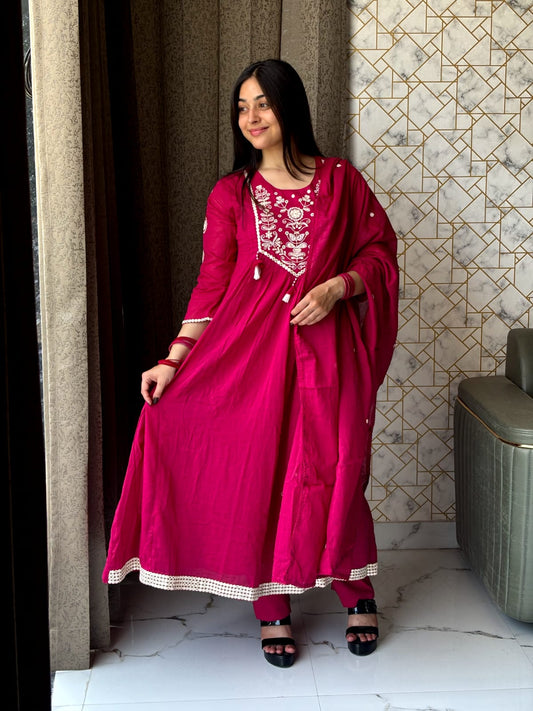 Magenta Anarkali Set with White Embroidery