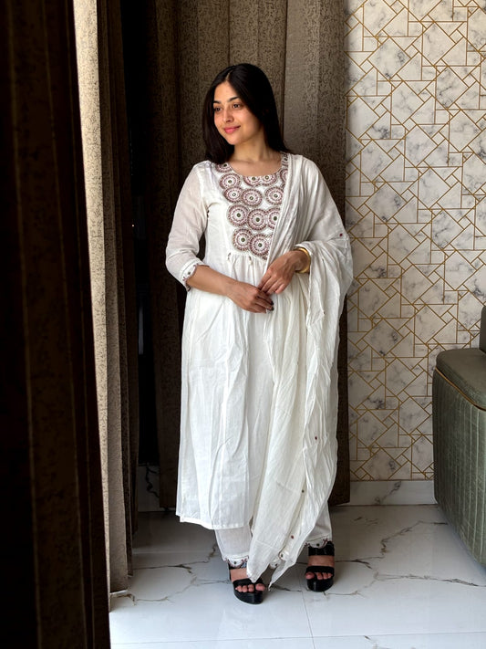 White Kurta Set with Mirror Embroidery