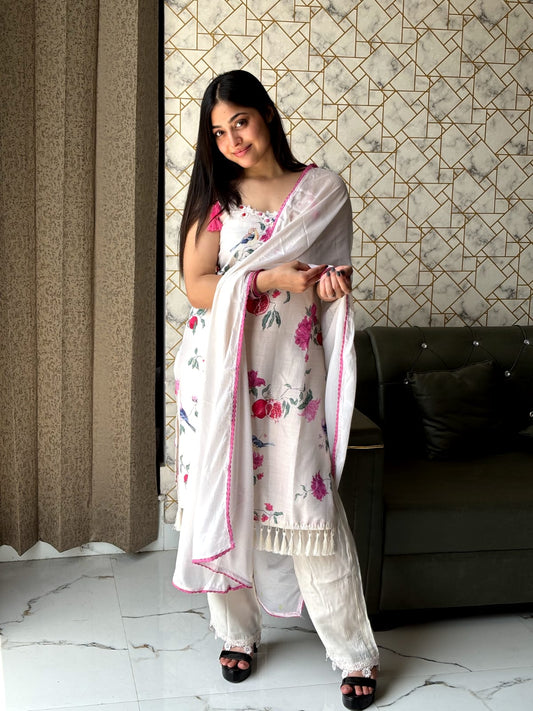 White Floral Printed Suit with Dupatta