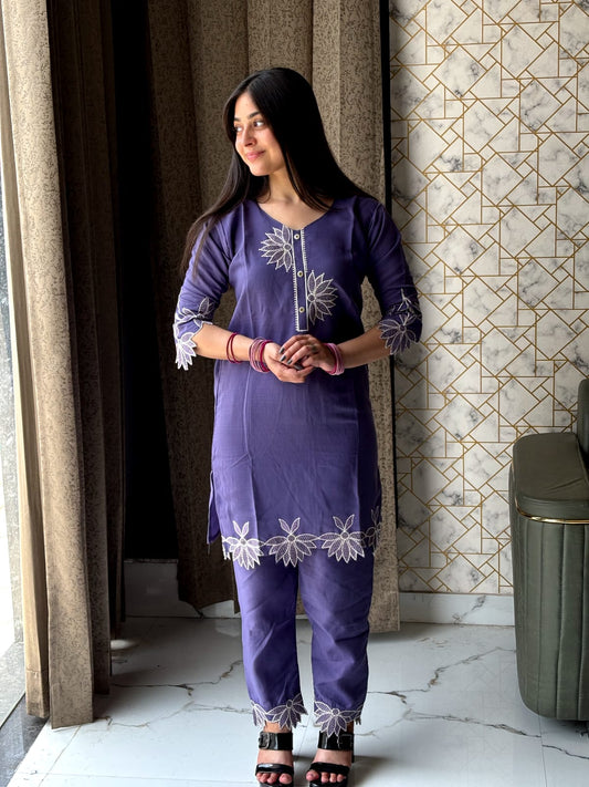 Purple Embroidered Straight Kurta Set