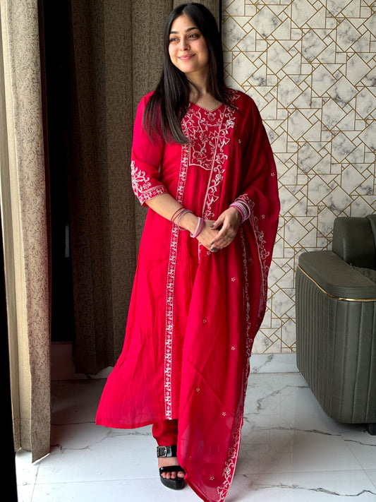 Red Anarkali Style Kurta Set