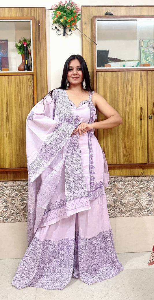 Lavender Block Printed Sharara Set