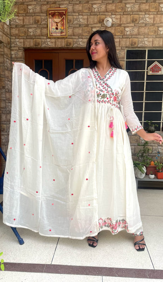 White/Sky Blue/Yellow Floral Anarkali Gown Set