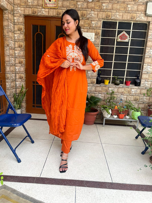 Bold Orange Kurta Set with Embroidered Yoke