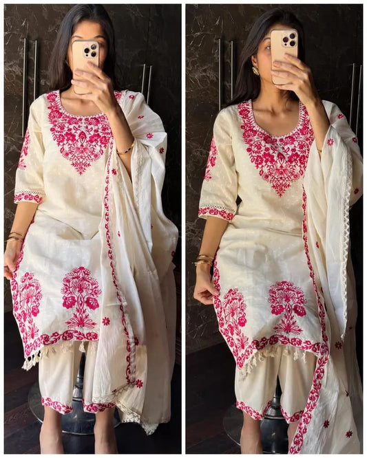 Ivory Sky  Kurta Set with Pink Thread Embroidery