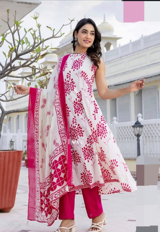 White & Pink Floral Anarkali Kurta Set with Dupatta