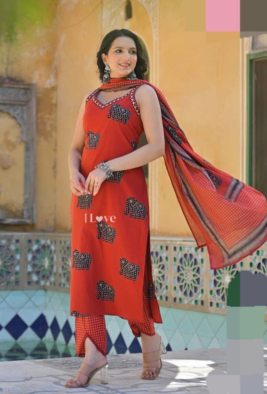 Rust Red Elephant Print Sleeveless Kurta Set with Dupatta