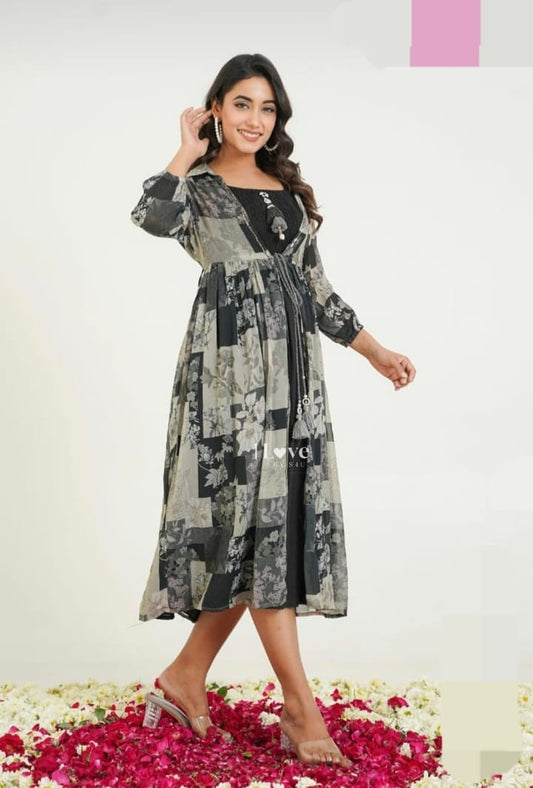 Black & Grey Floral Patchwork Midi Dress