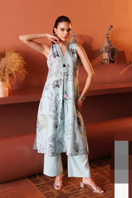 Elegant Sky Blue Floral Printed A-Line Kurta Set with Palazzo – Anziva Fashion