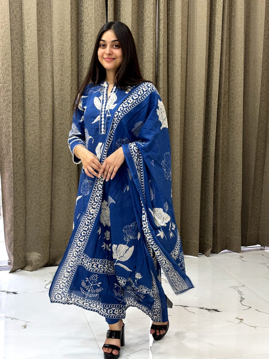 Royal Blue Floral Printed Cotton Kurta Set with Dupatta