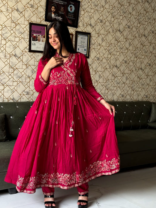 Teal Blue Embroidered Anarkali Suit Set / Magenta Anarkali Kurta Set with Dupatta