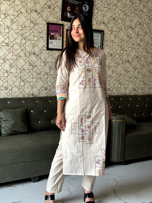 Cream Cotton Kurta Pant Set with Thread Work