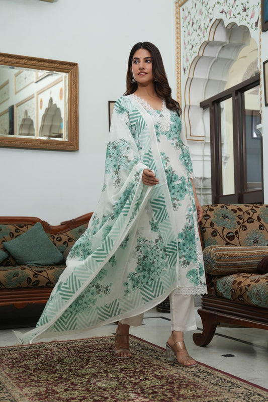 Mint Green  Floral Kurta Set with Dupatta