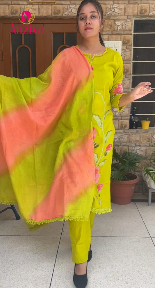 💚 Anziva Lime Green Embroidered Suit with Contrast Dupatta