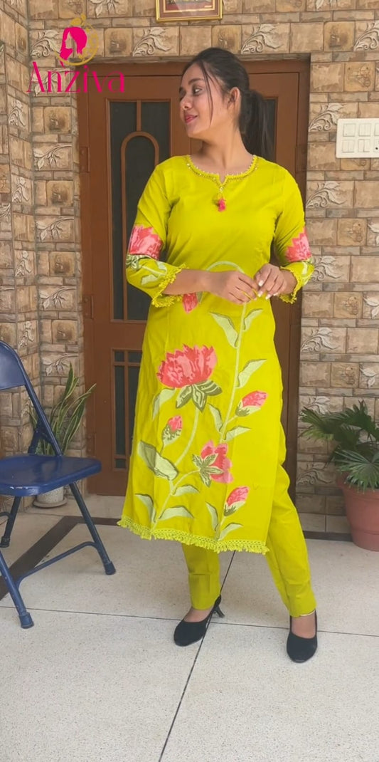 💚 Anziva Lime Green Embroidered Suit with Contrast Dupatta