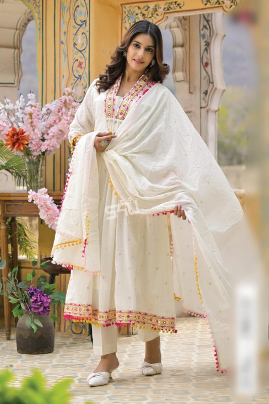 Classic Off-White Angrakha Anarkali with Mirror Work