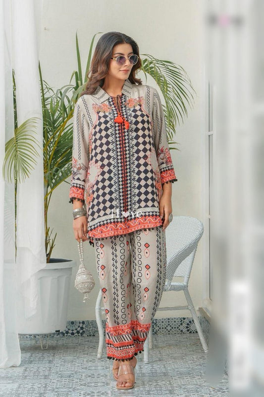 Geometric Print Co-ord Set in Monochrome & Coral