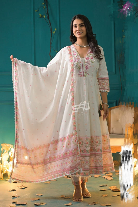 White Floral Anarkali Suit with Embroidered Dupatta