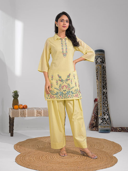 Lemon Yellow Floral Embroidered Kurta Set